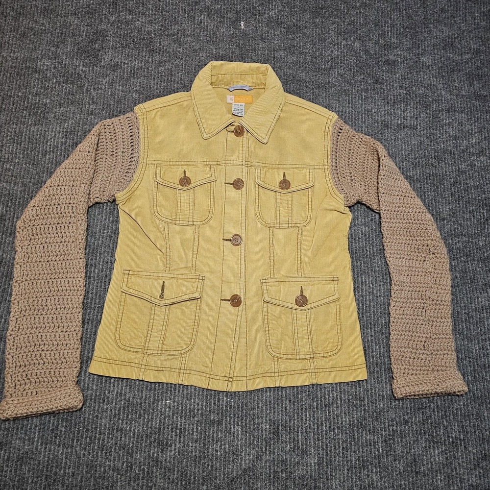Tulle Jacket Womens Large Yellow Corduroy Crochet Sleeves Button‎ Pockets
